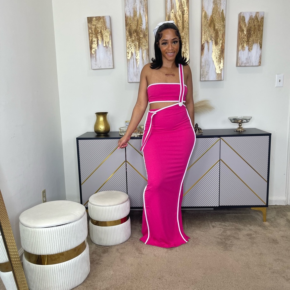 Vibrant Pink Strapless Maxi Dress with White Accents